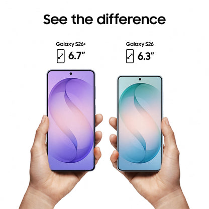 Galaxy S26+ and S26 smartphones, purple and sky-blue front displays side by side