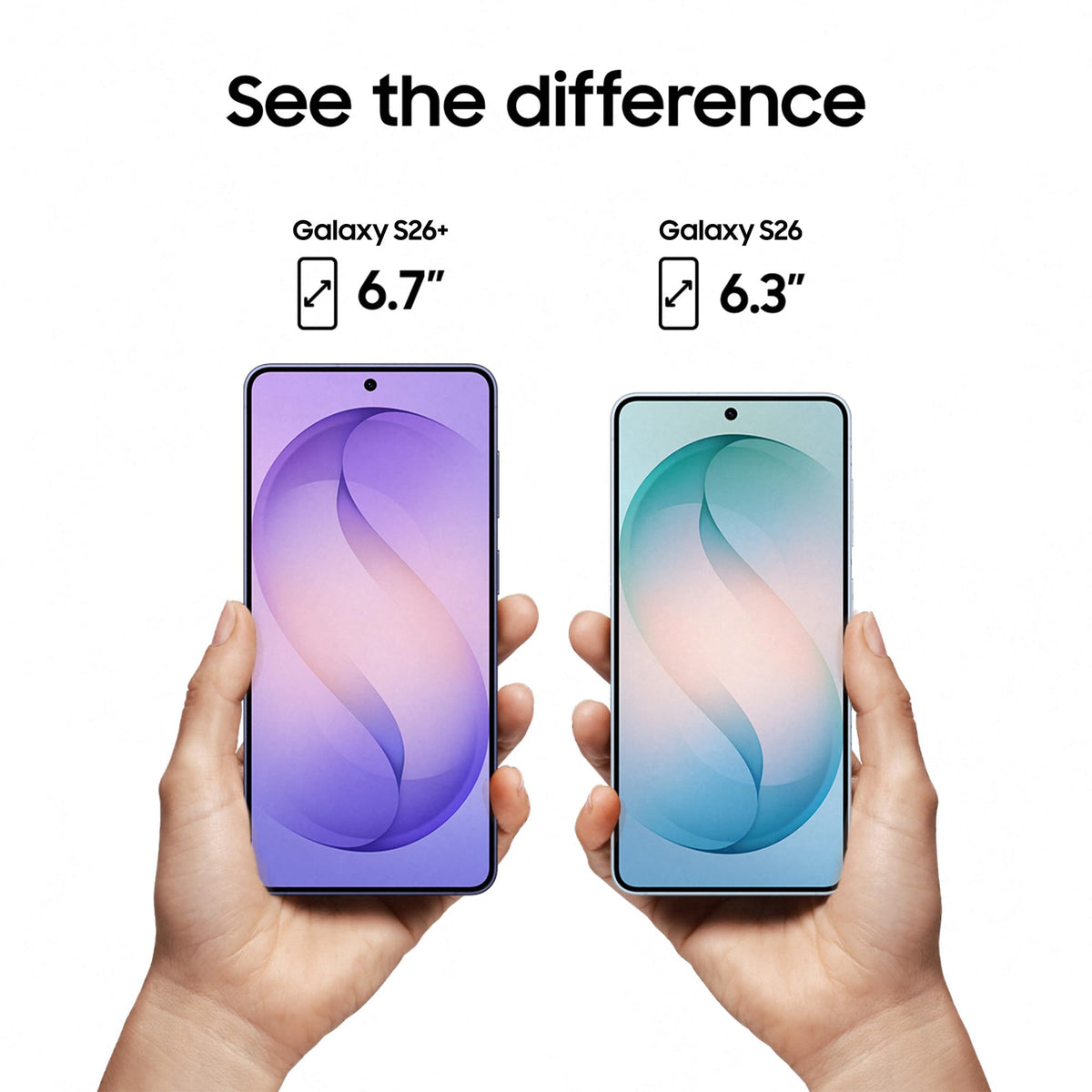 Two Samsung smartphones held up with front displays and different screen sizes