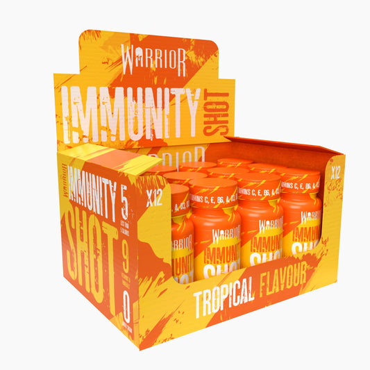 Warrior Immunity Shot 12 x 60ml – 9 Vitamins & Minerals – Ginger Extract, Turmeric, Zinc, Iron, Selenium, Vitamin Complex C/E/B6/A/D3/B12, Liquid – Immune Support Booster (Tropical)