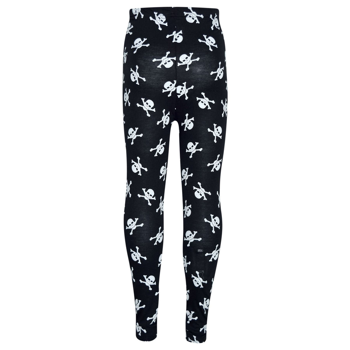 Black leggings with repeating white skull and crossbones print, full length