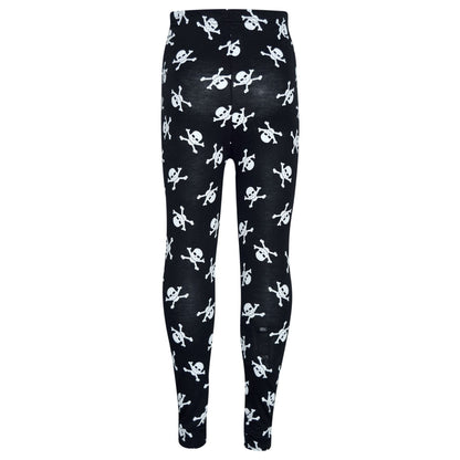 Black leggings with repeating white skull and crossbones print, full length
