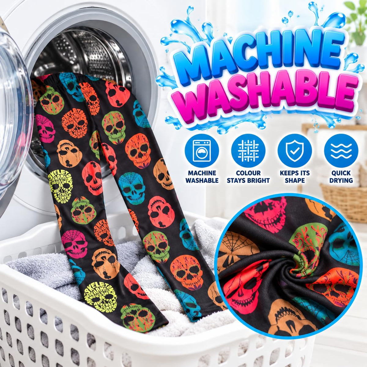Halloween kids leggings in multi-color skull print, shown in a washing machine