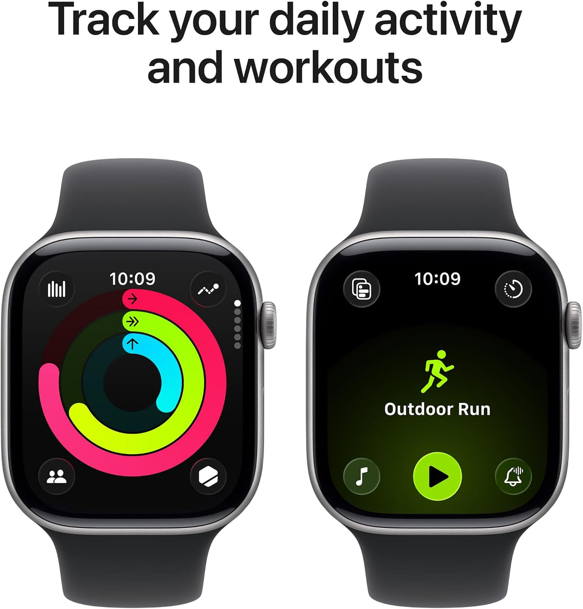 Series 11 GPS smartwatch with black sport band, colorful activity ring on display
