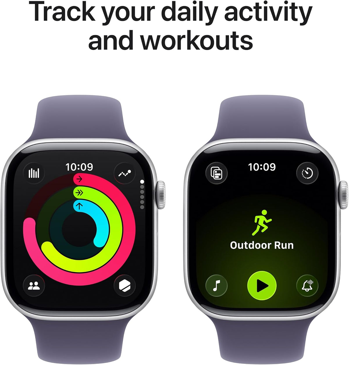 Pair of smartwatches with purple silicone bands, displaying activity and workout screens