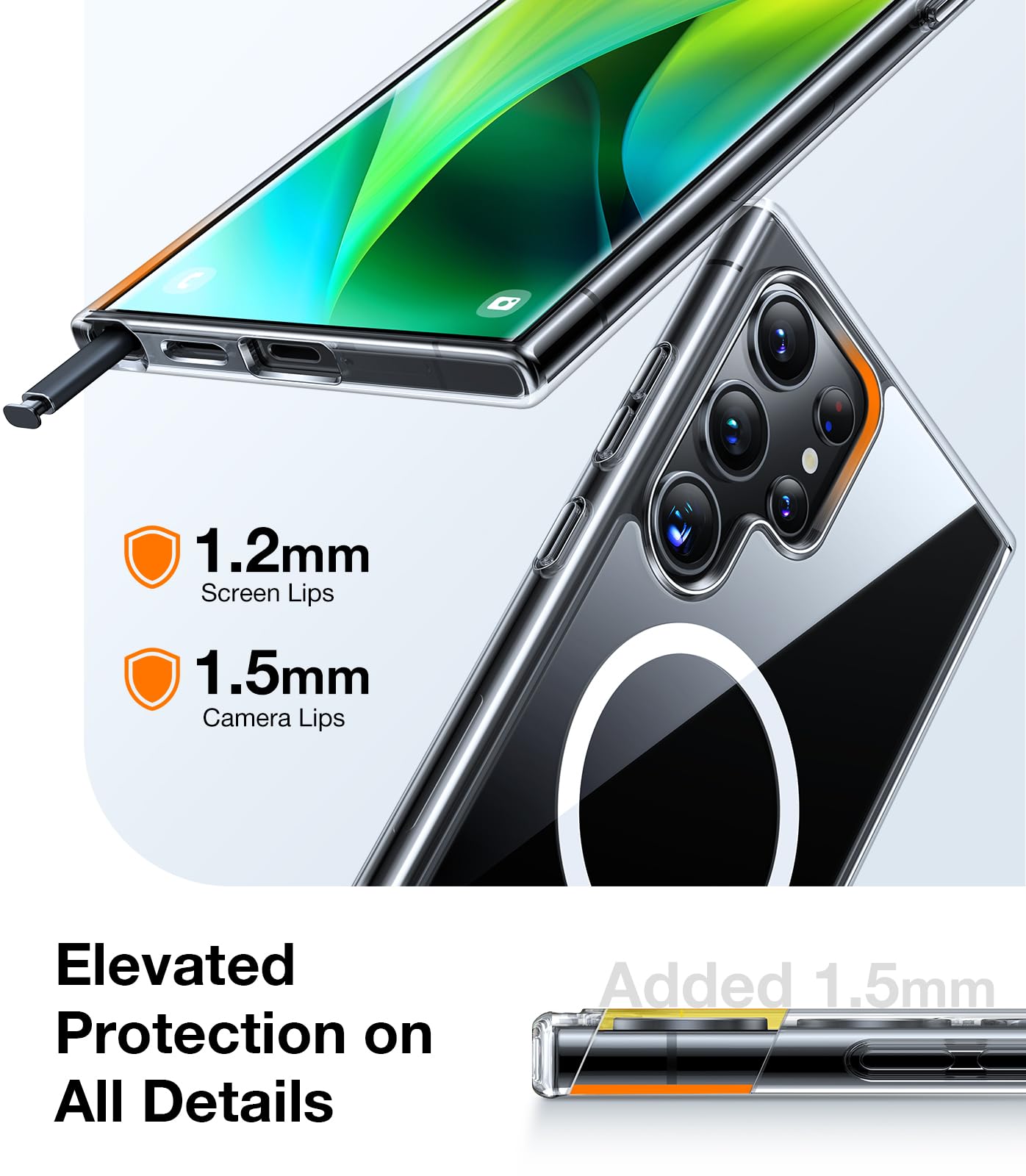 TORRAS for Samsung Galaxy Triple Camera Series [Durable Titanium Stand] [20W Wireless Charging] [TOP 19N Magnetic] [12FT Drop Protection] Case (Clear, Samsung S24 Ultra)