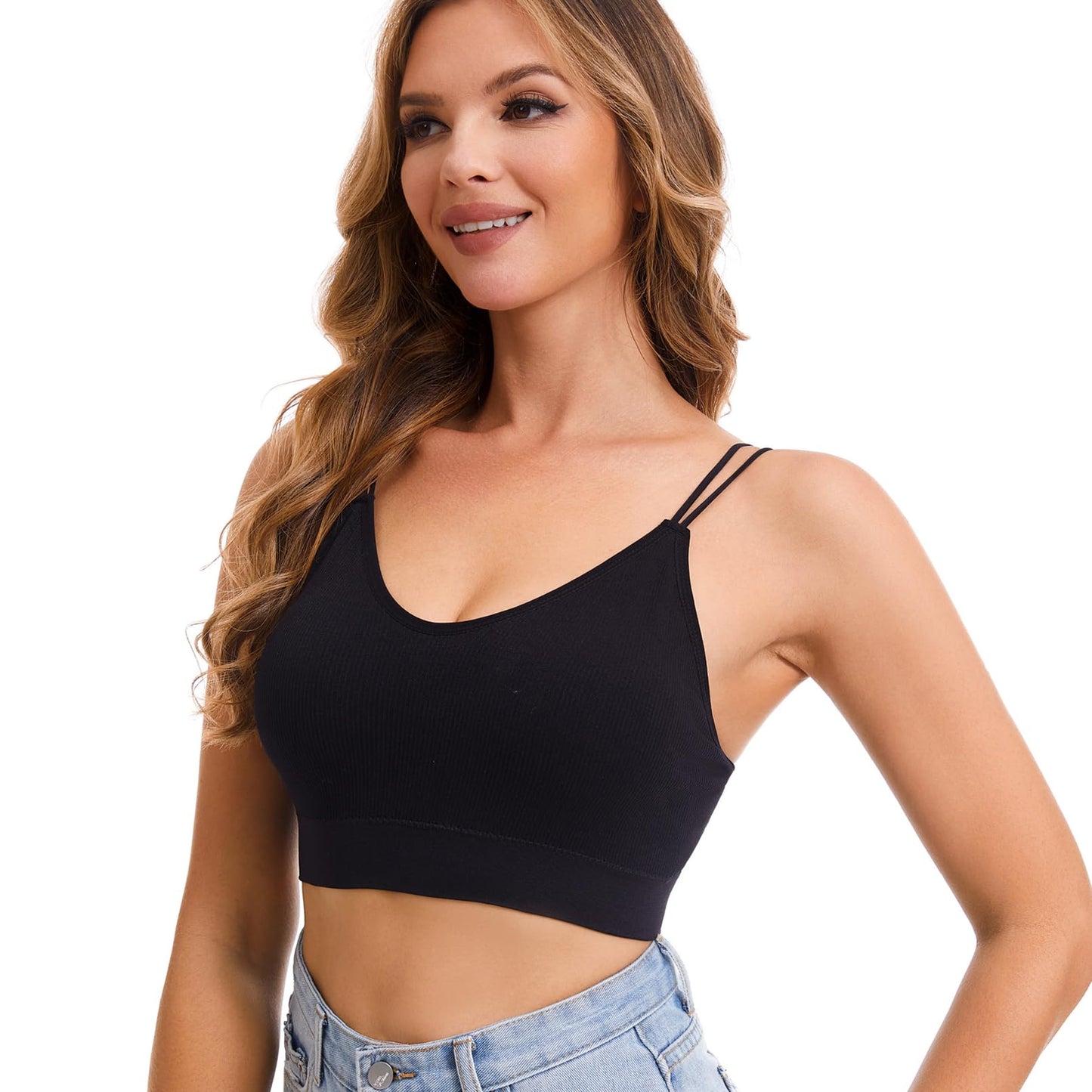 BQTQ 5 Pieces Camisole Bras for Women V Neck Camisole Bralettes Seamless Sleeping Bra with Straps and Removable Pads for Women Girls