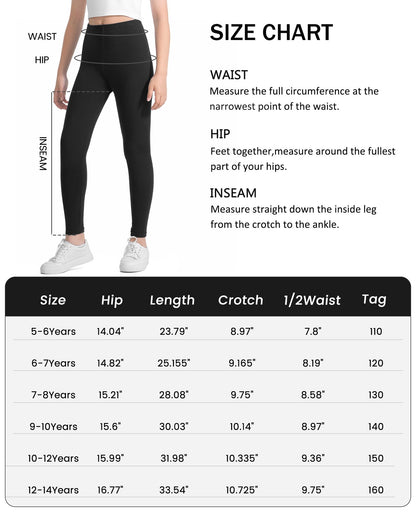Girls black leggings with size chart and measurements displayed for fit selection