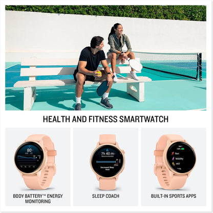 Fitness smartwatch shown in three color options with round touchscreen displays.