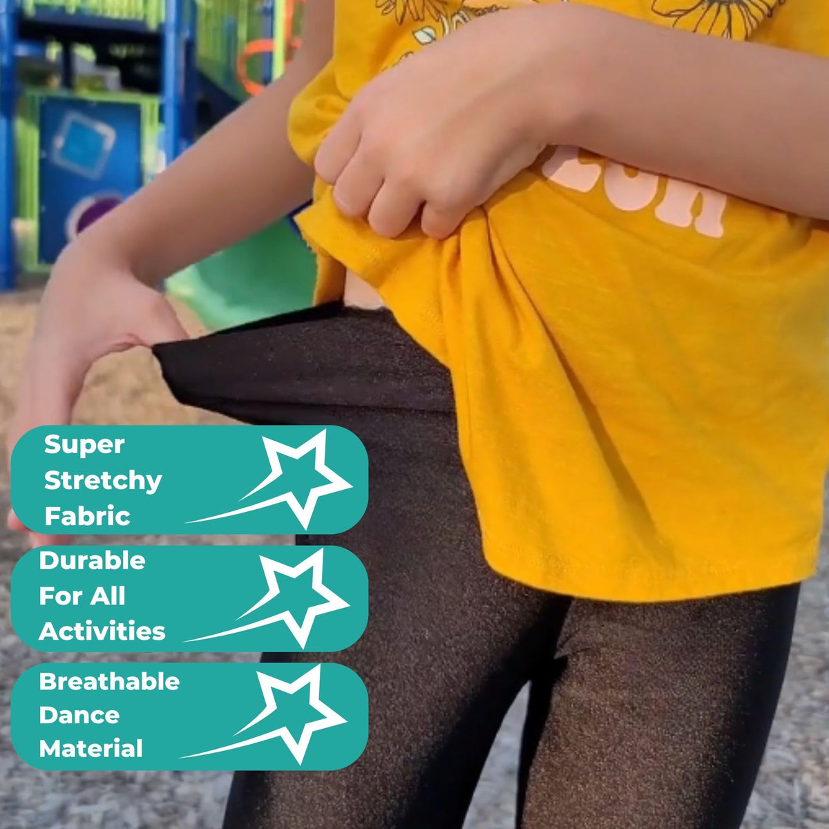 Girls' black shiny stretch leggings, durable non-transparent fabric close-up
