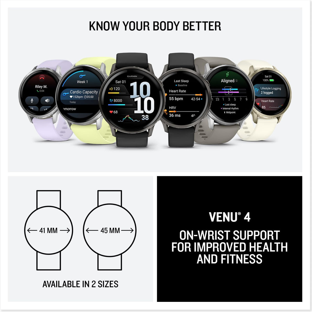 Garmin Venu 4 GPS fitness smartwatch in different colors with 41 mm and 45 mm size