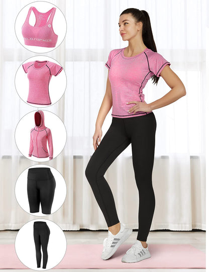 Women's 5pcs Yoga Suit Ladies Workout Outfit Sportsuits Running Jogging Gym Sweatsuit Women's Activewear Sets Sport Yoga Fitness Clothing