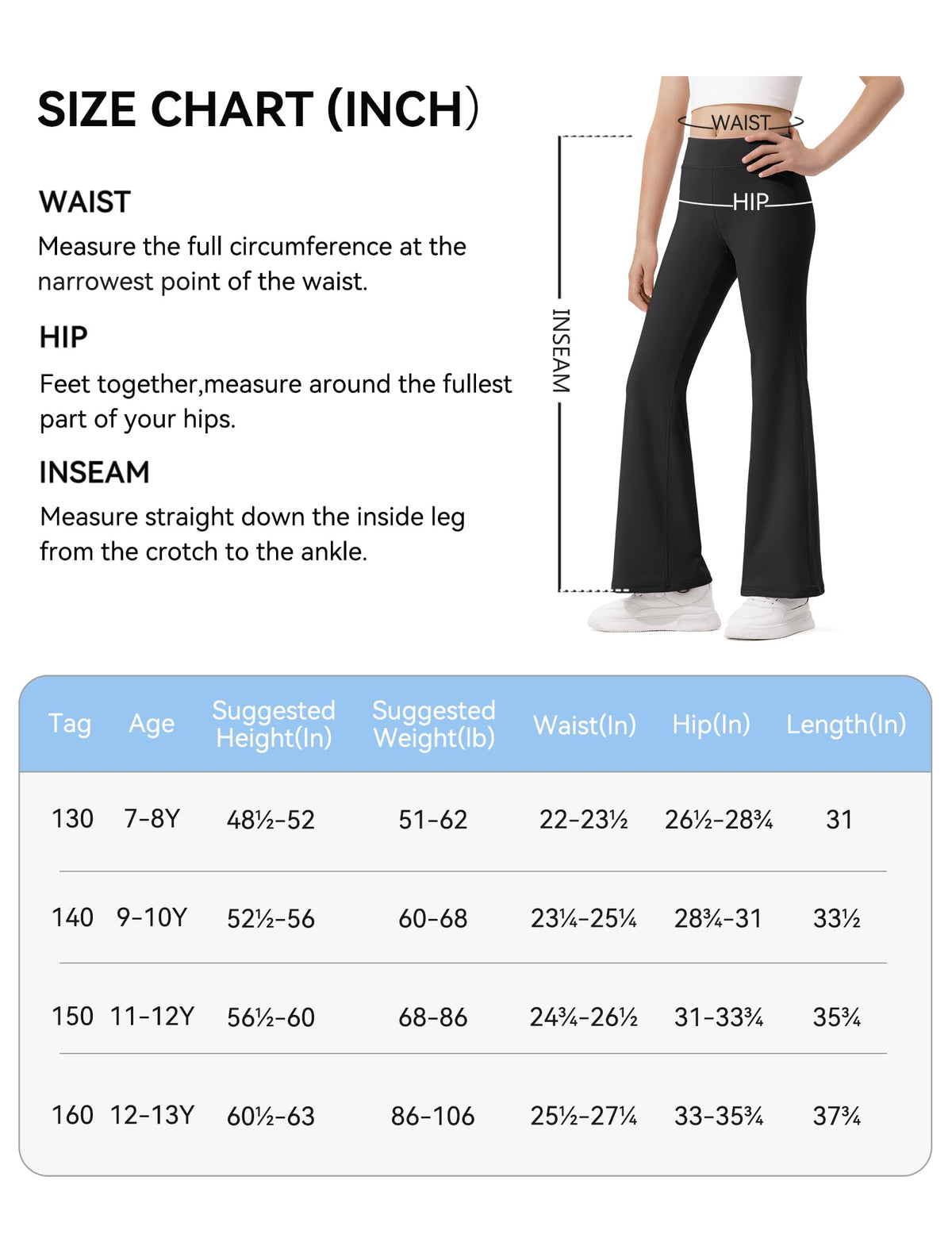 Girls high-waisted flared leggings size chart with size ranges and measurements