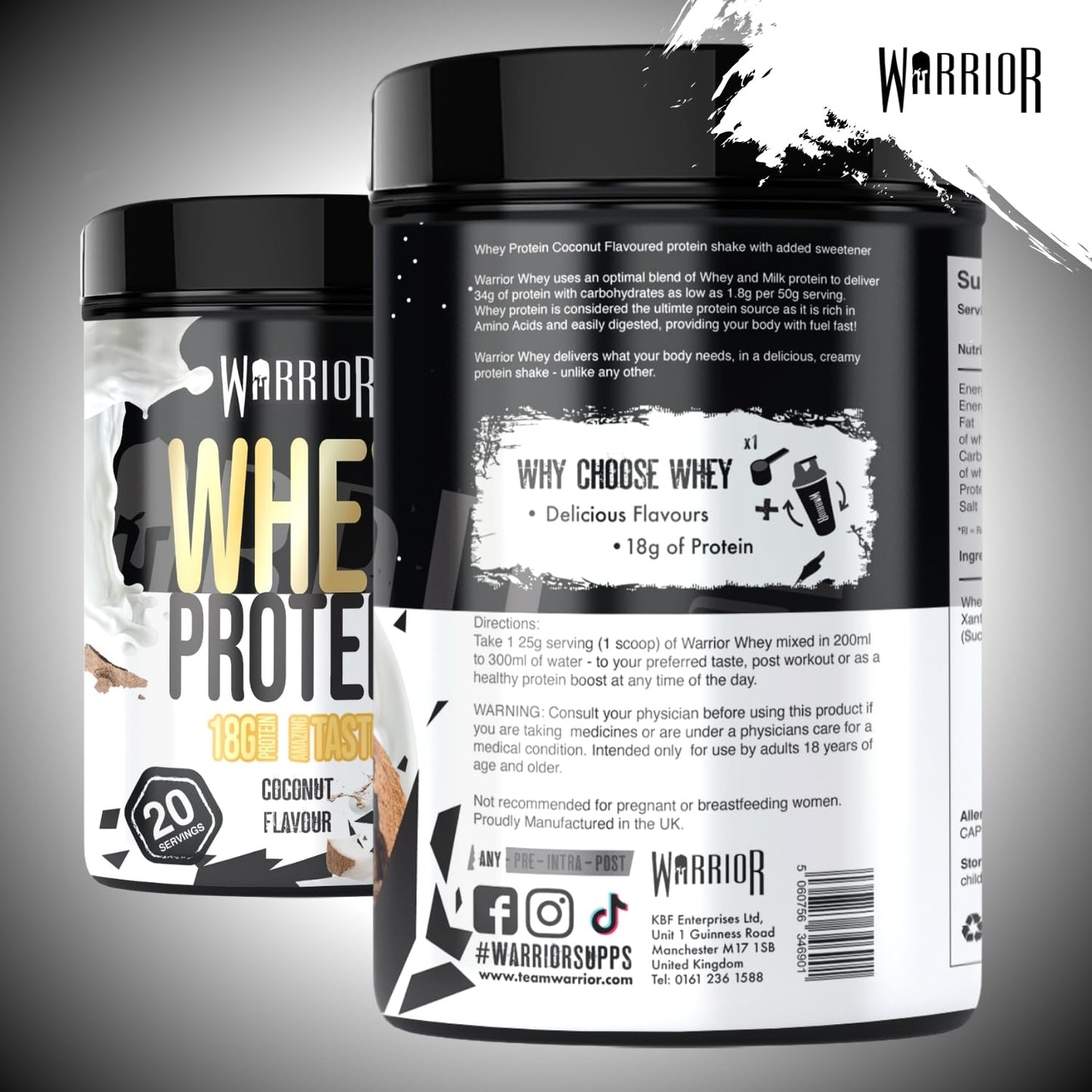 Warrior Whey Protein Powder 500g - Up to 36g* Protein per Shake – Low Sugar - Muscle Growth and Recovery Drink - Amazing Taste - 20 Servings - GMP Certified (Double Chocolate)