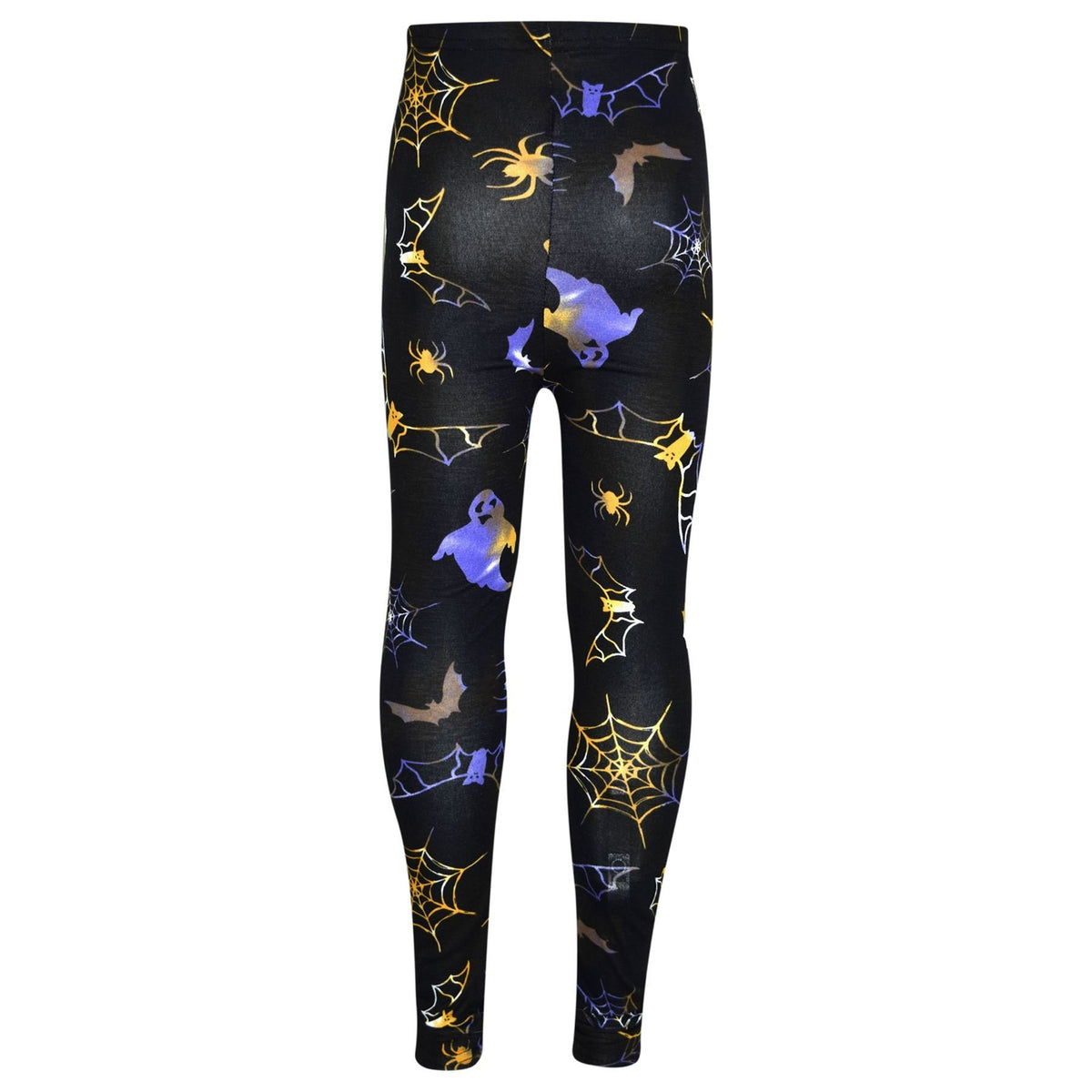 Black leggings with colorful spiderweb and bat silhouette print, full length