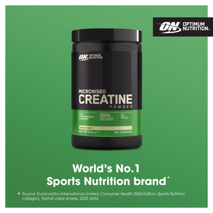 Optimum Nutrition Micronised Creatine Powder, 100% Pure Creatine Monohydrate Powder for Performance and Muscle Power, Unflavoured Shake, 186 Servings, 634 g