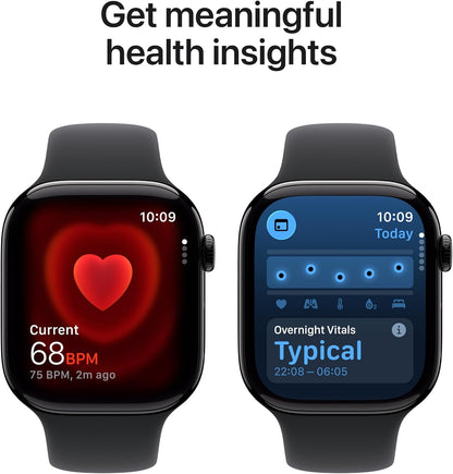 Two black Apple Watch GPS smartwatches with sport bands, heart rate and overnight vitals screens