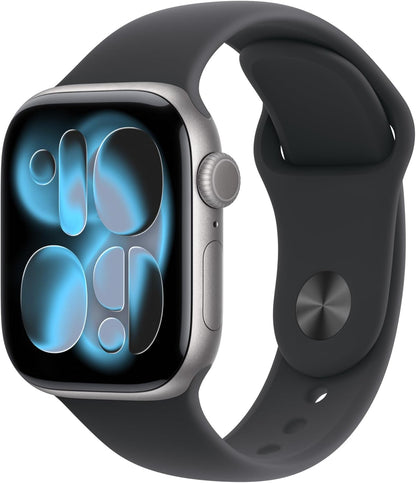 Black smartwatch with square display and silicone band, showing blue watch face