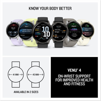 GPS fitness smartwatches shown in two sizes with on-screen health metrics