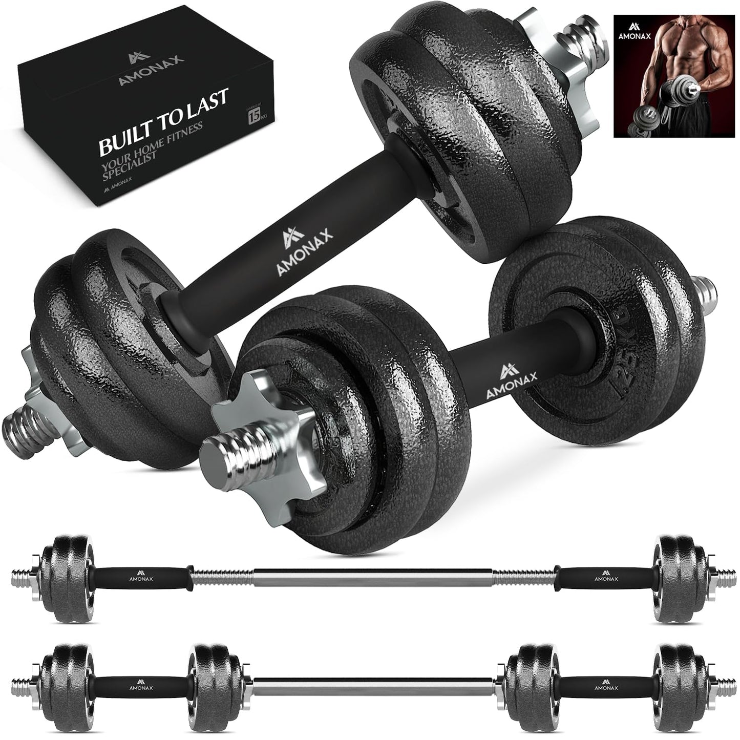 Amonax 20kg 30kg Cast Iron Adjustable Dumbbells Weight Set, Barbell Set Men Women, Strength Training Equipment Home Gym Fitness, Dumbell Pair Hand Weight, Bar Bells Free Weights for Weight Lifting