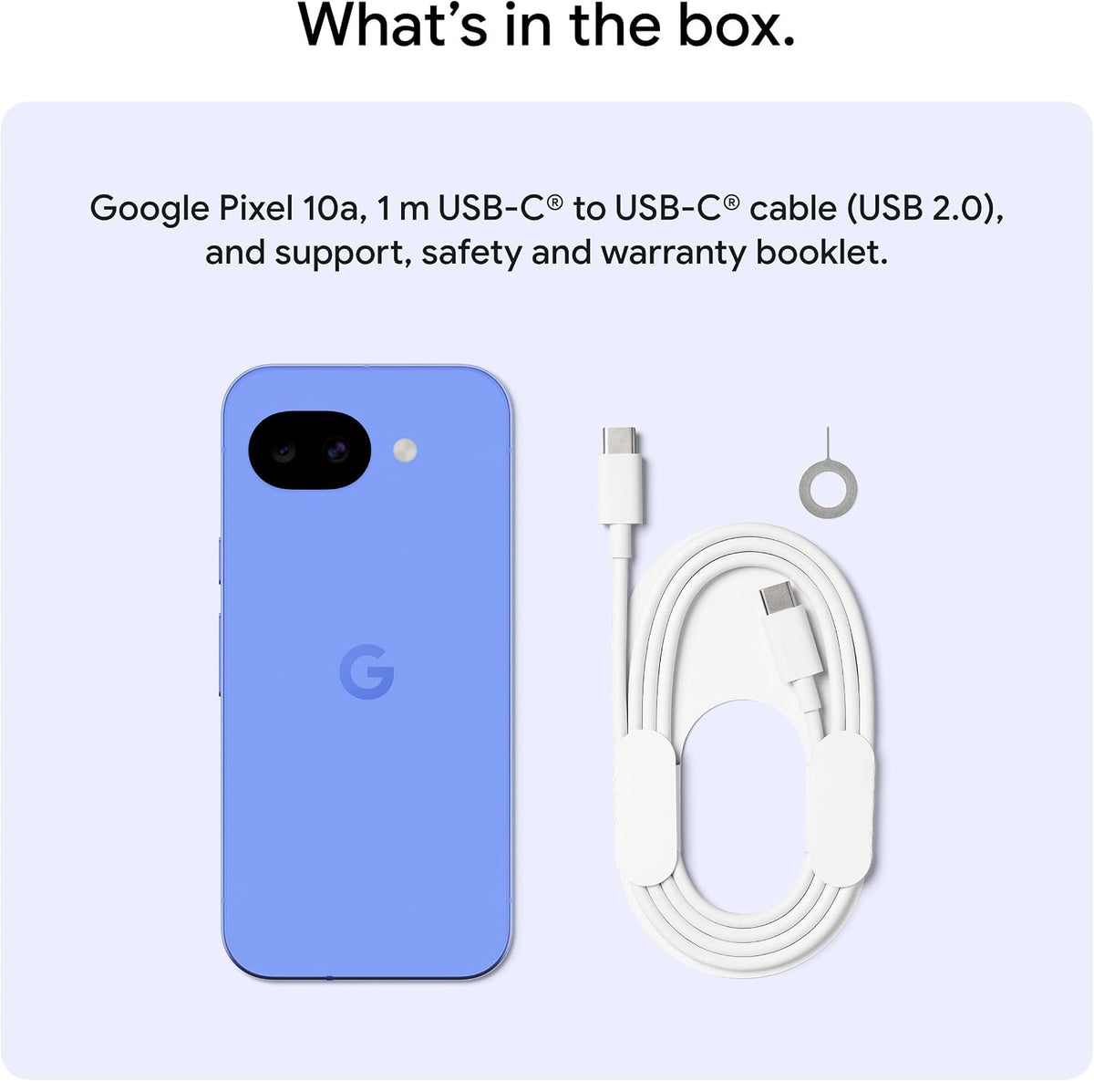 Blue unlocked 5G smartphone with rear camera module and included USB-C cable