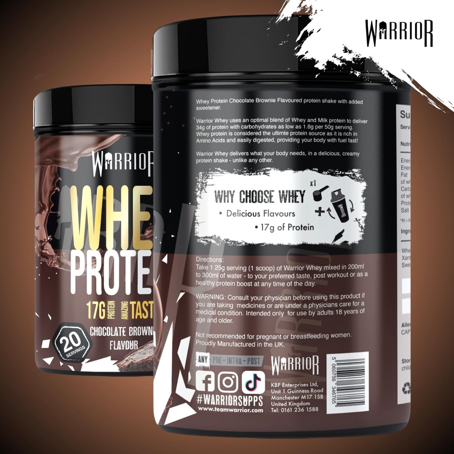 Warrior Whey Protein Powder 500g - Up to 36g* Protein per Shake – Low Sugar - Muscle Growth and Recovery Drink - Amazing Taste - 20 Servings - GMP Certified (Double Chocolate)