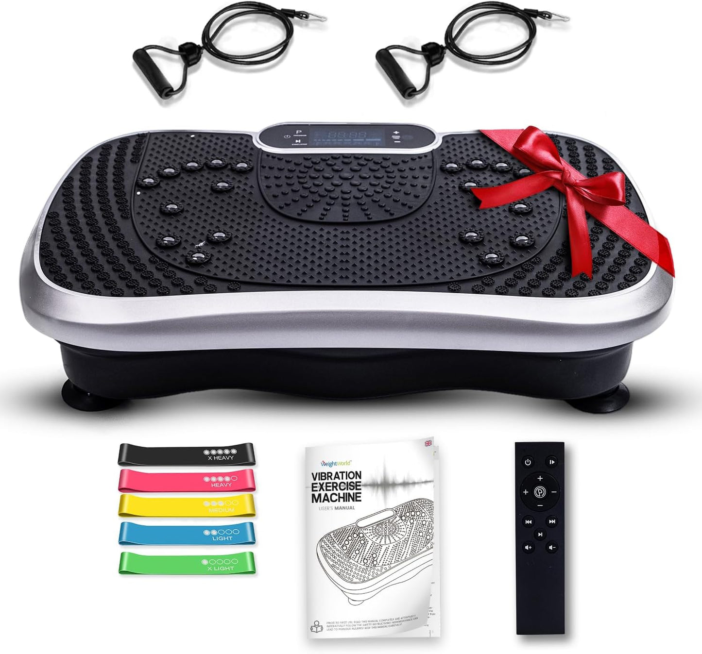 WeightWorld Vibration Plate Exercise Machine - 5 Muscle Stimulating Program Modes - 2 Built-in Bluetooth Speaker, 2 Resistance Bands + 99 Intensity Levels + 5 Programs - For Whole Body Workout