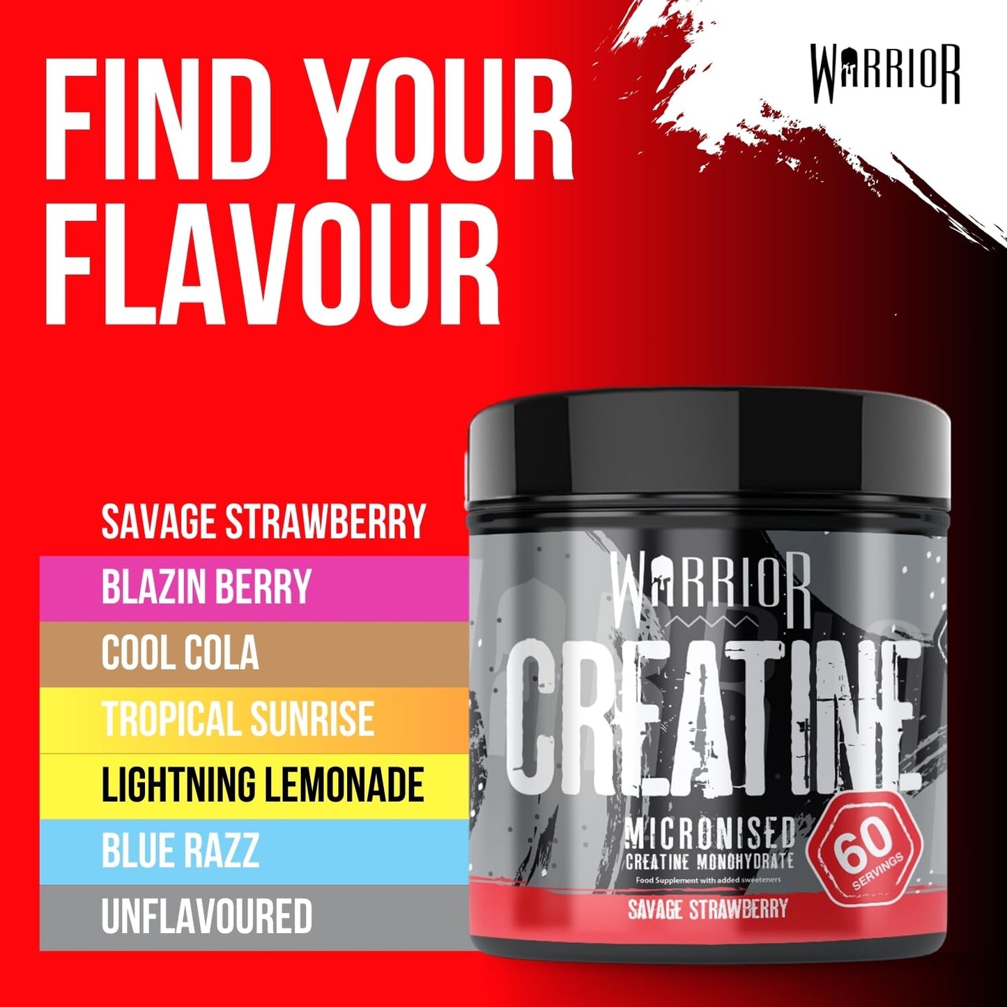 Warrior Creatine Monohydrate Powder 300g – Micronised – Proven to Improve Physical Performance and Recovery, 5g Servings (Unflavoured)