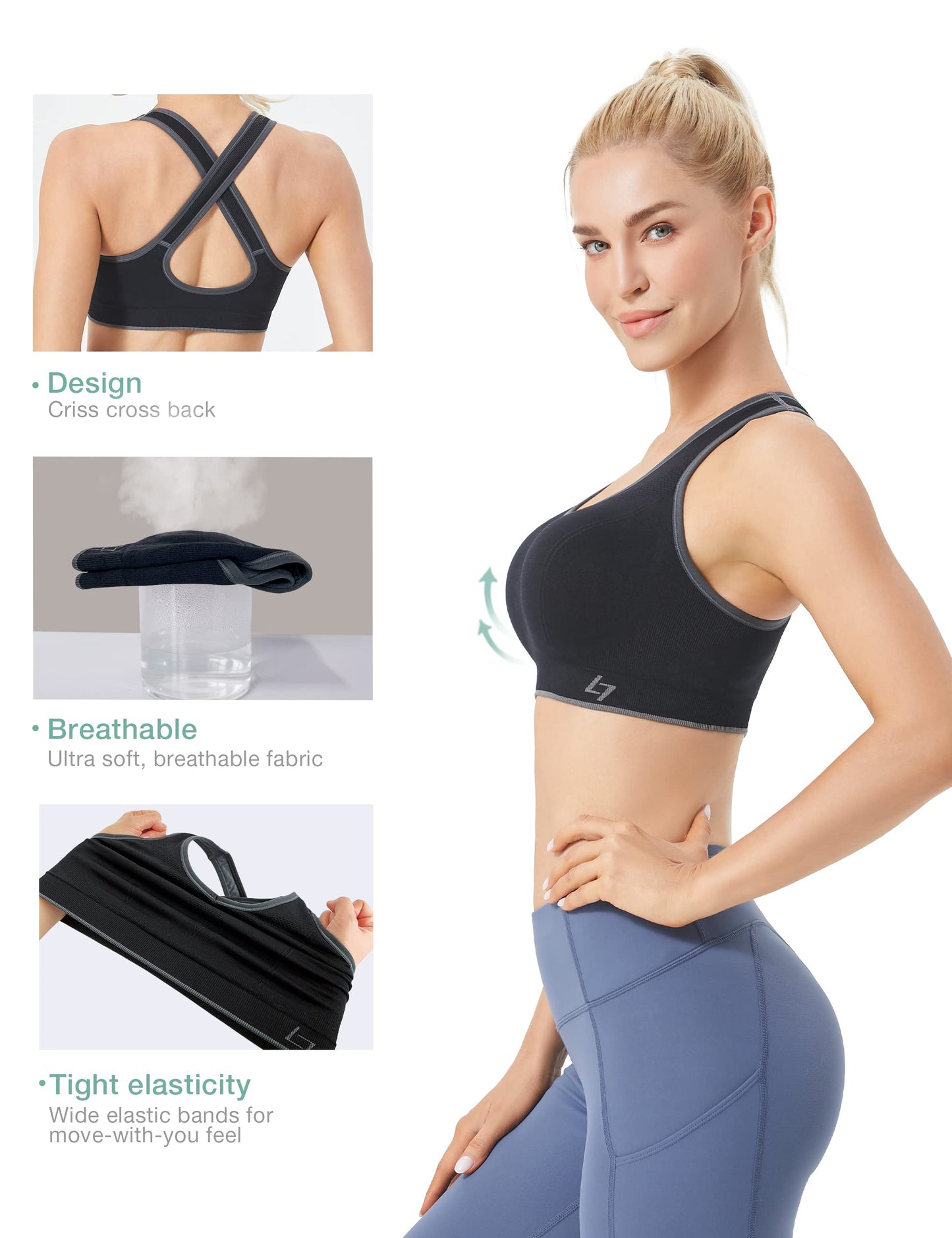 FITTIN Sports Bras for Women Padded: Seamless Cross Back Bras Pack for Workout Yoga