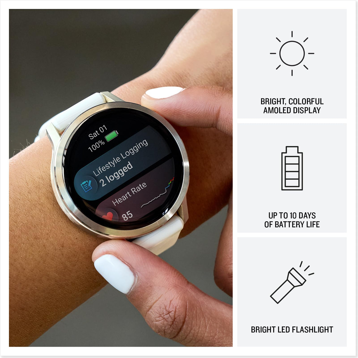 Garmin Venu 4 GPS smartwatch with dark AMOLED display, silver case, light silicone band