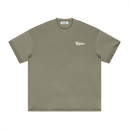 Gray-green heavyweight T-shirt with small chest script logo