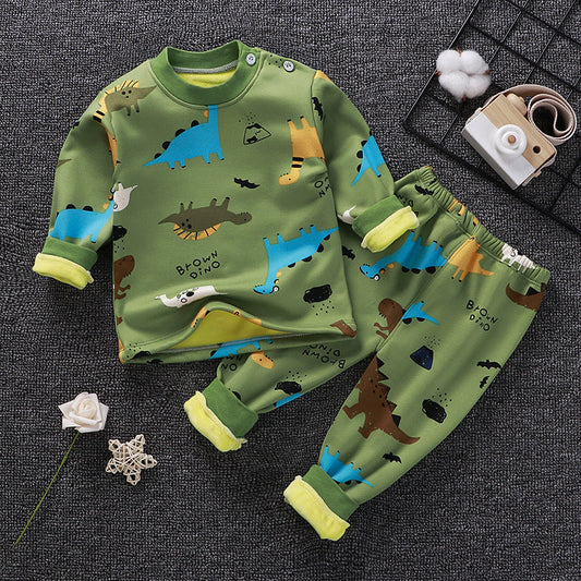 Children's thermal underwear set, green with dinosaur print and ribbed cuffs
