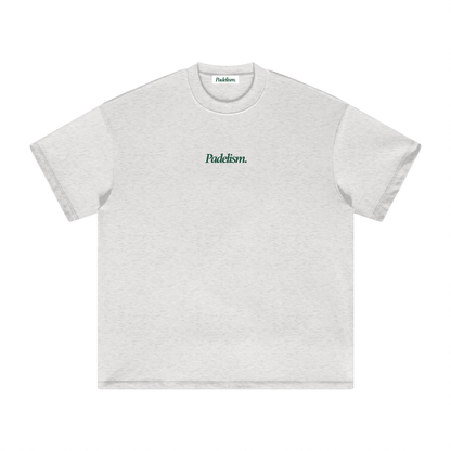 Light gray heavyweight T-shirt with crew neck and small chest logo text, short sleeves