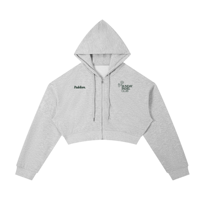 Oat gray cropped zip-up hoodie with hood and chest graphic prints