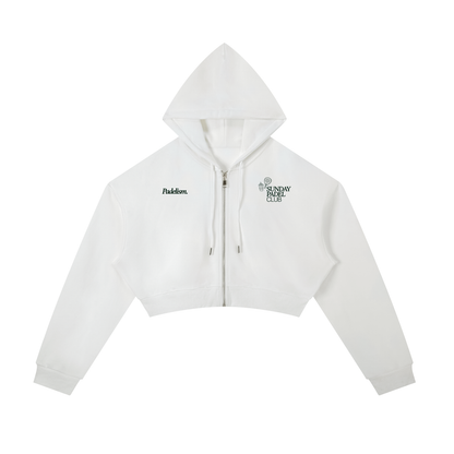 White cropped zip hoodie, hooded sweatshirt with drawstrings and front logo detail