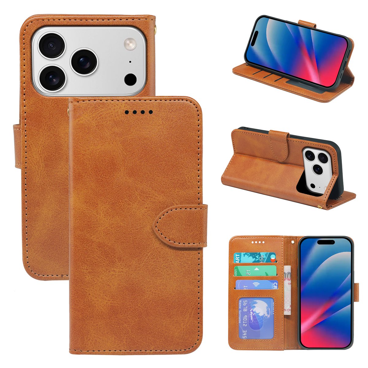 Leather-look wallet case for iPhone in tan, includes card pocket and stand for viewing