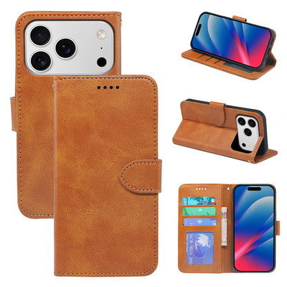 Leather-look wallet case for iPhone in tan, includes card pocket and stand for viewing
