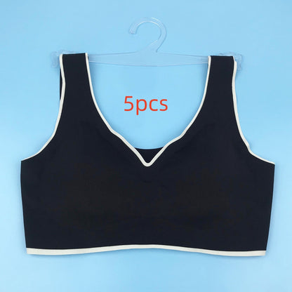 Seamless underwire-free bra in black with V-neck and contrast light trim, set shown