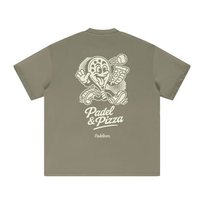 Gray green heavyweight T-shirt with 'Padel & Pizza' back graphic and 'Padelsim' text