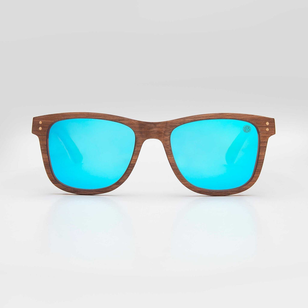 Wood-look sunglasses with bright blue lenses and brown rectangular frames
