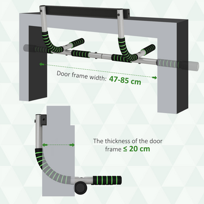 Doorway pull-up bar fit diagram showing door frame width and thickness limits