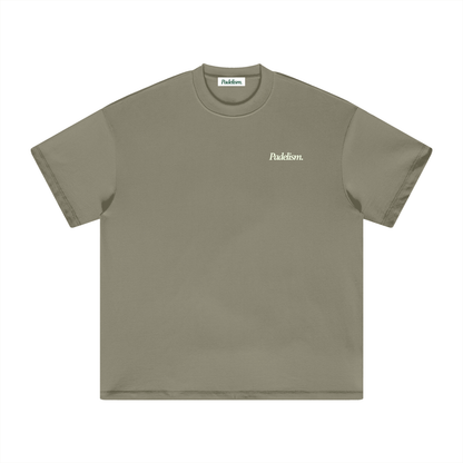 Heavyweight gray-green T-shirt with small 'Padelism.' logo on chest
