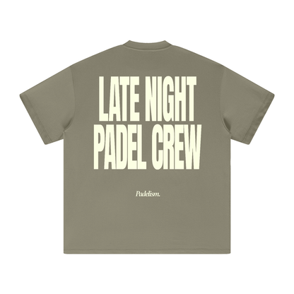 Heavyweight gray-green T-shirt with 'LATE NIGHT PADEL CREW' graphic on back
