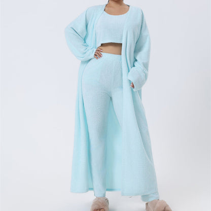 Light blue 3-piece pajama set with crop tank, wide-leg pants, and long cardigan robe