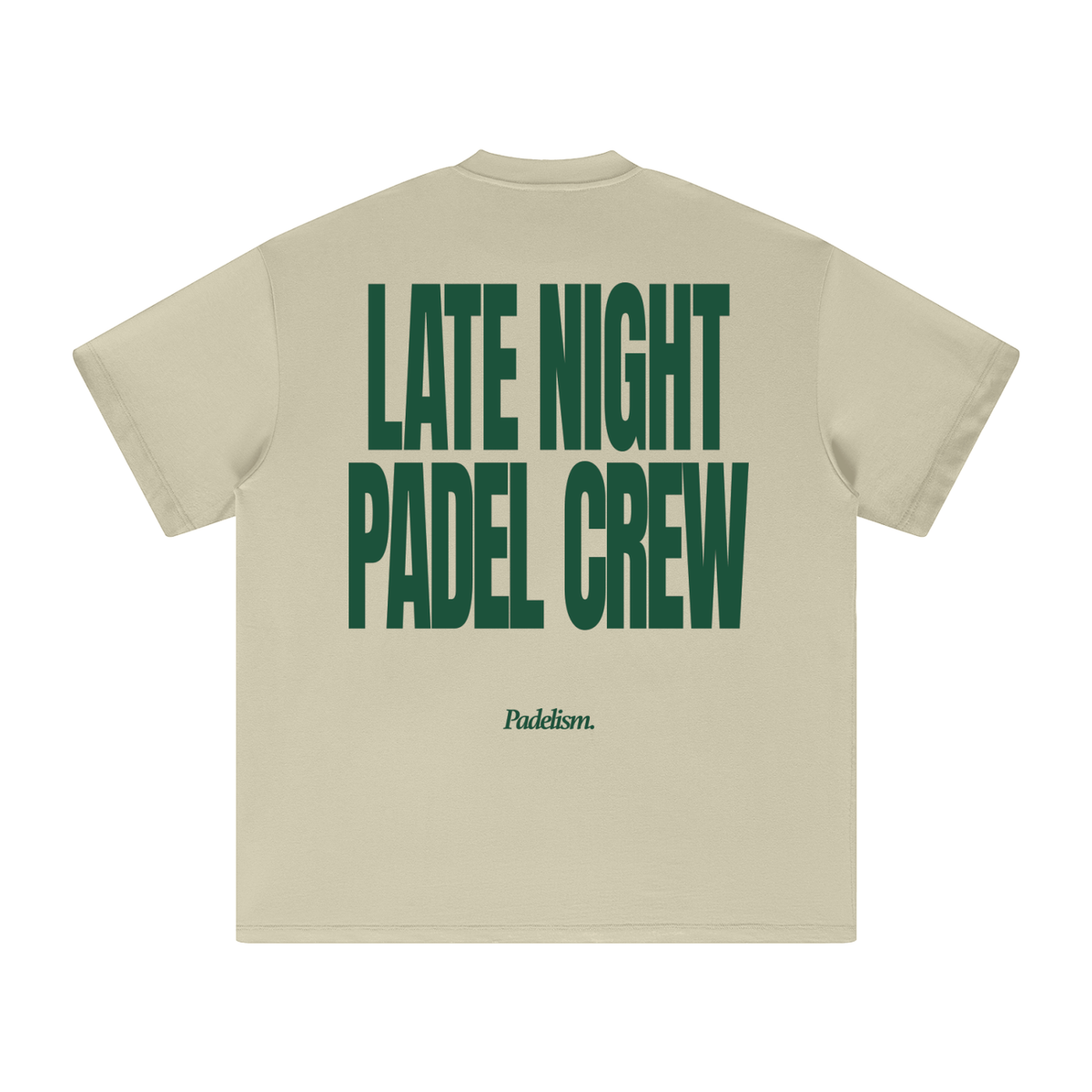 Sand heavyweight crew-neck T-shirt, back green 'LATE NIGHT PADEL CREW' graphic