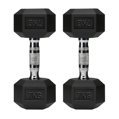 Rubber-coated hex dumbbell pair, black with silver knurled handles, 7 kg labels
