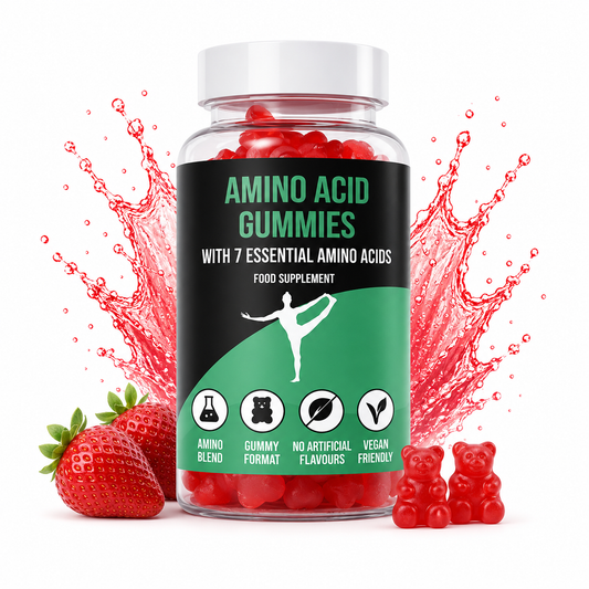 Amino acid gummy supplement jar with red strawberry-flavored gummies