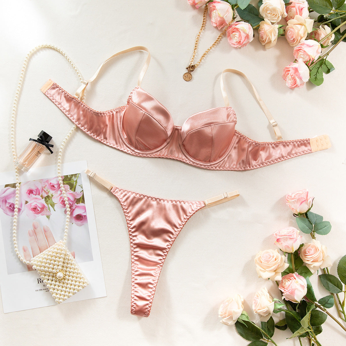 Champagne satin French bra set, underwire bra with matching thong bottoms