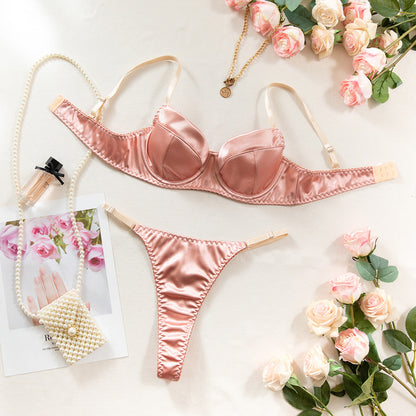 Champagne satin French bra set, underwire bra with matching thong bottoms