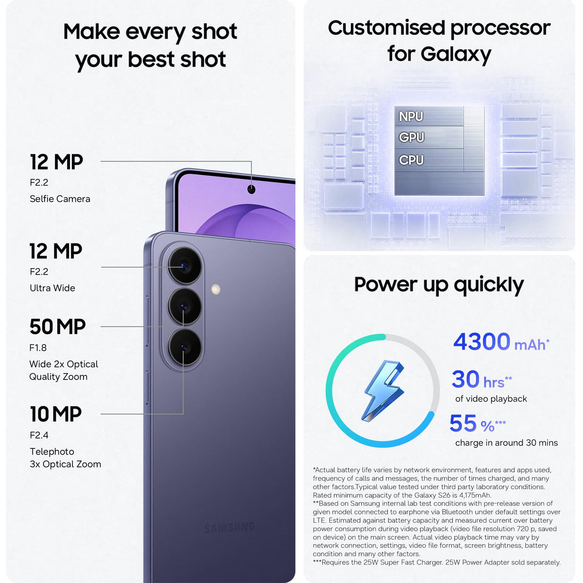 Violet Galaxy smartphone with rear triple-camera array and camera specs callouts