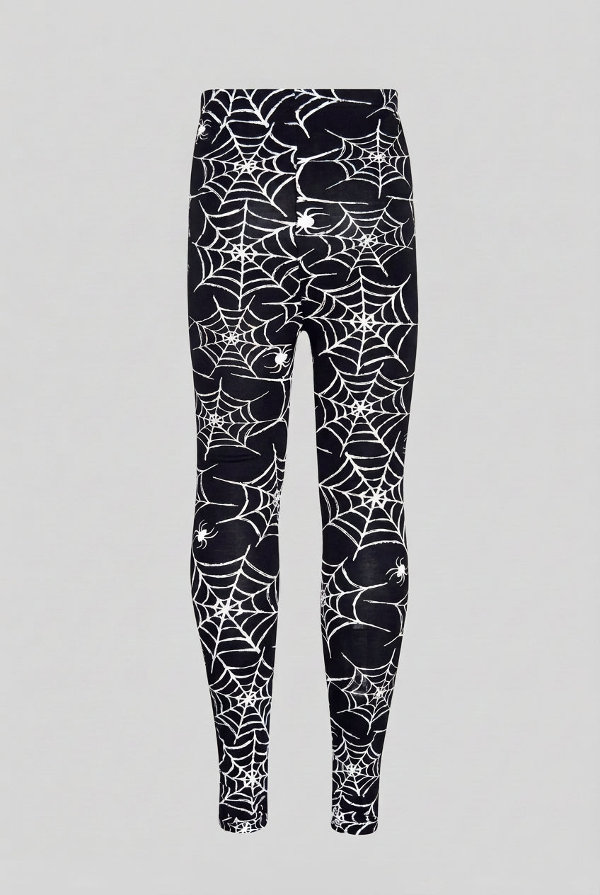 Kids Halloween spider web leggings in black with white web and spider print all over.